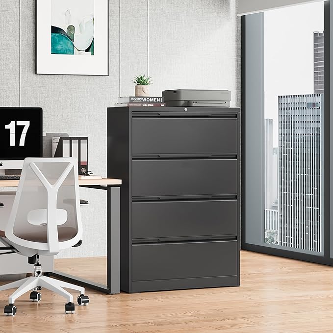 4 Drawer Lateral File Cabinet, Metal Lateral Filing Cabinet with Lock for Hanging Files Letter/Legal/F4/A4 Size, Easy Assemble Black
