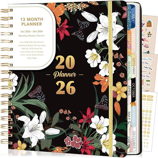 CAGIE 2026 Planner Weekly and Monthly from Dec 2025 to Dec 2026 Hardcover Spiral Bound Calendar Yearly Agenda Planners for Women with Stickers, 8.3 x 9.1, Black Floral