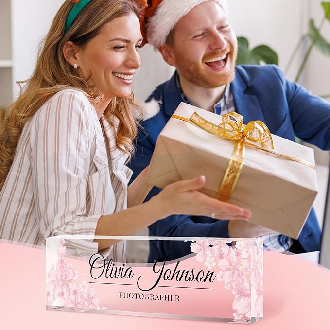 Custom Name Plate for Desk, Personalized Acrylic Office Name Sign with Name & Title, Elegant Desk Decor for Women Men, Employee Appreciation Gift (Peach Bossom)