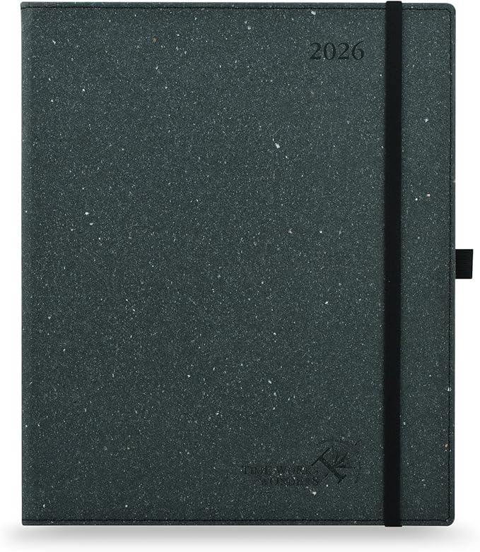 POPRUN 2026 Planner - 2026 Recycled Weekly Planner[8.5''x 10.5''- Italian Regenrated Leather Hard Cover] with Hourly Schedule & Vertical Weekly Layout, Monthly Tabs, Inner Pocket - Black Grey