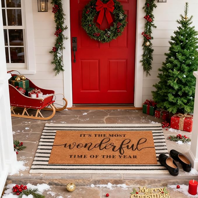 2 Pcs Christmas Coir Welcome Doormat Christmas Rug Outdoor Layered Buffalo Plaid Black and White Mat Stripe Mat for Xmas Front Porch Entryway Outdoor