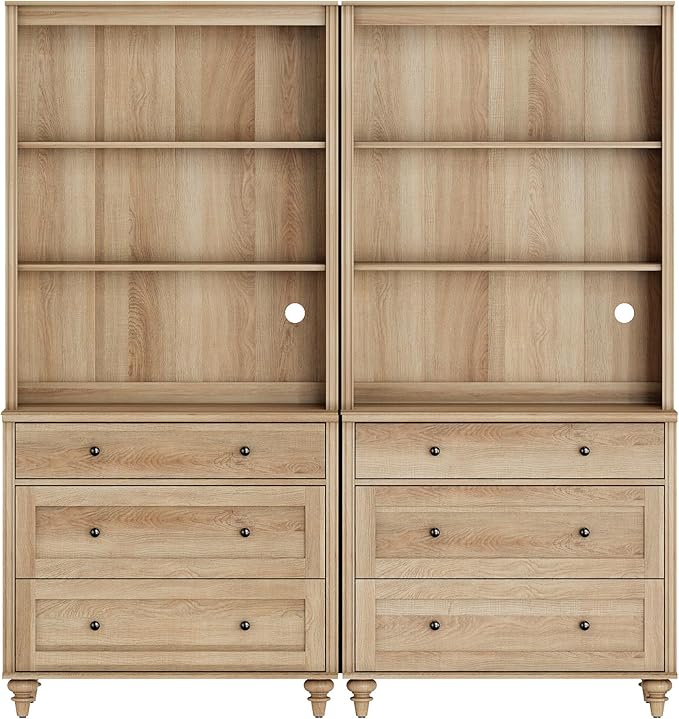 WAMPAT 3 Tier Bookshelf with 3 Drawers, 72" Tall Bookcase Large Farmhouse Display Book Case Shelf with 3-Tier Open Book Shelfs，Library Wood Bookshelves for Living Room,Kitchen, Oak(2PCS)