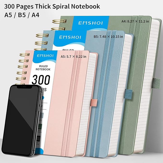EMSHOI A5 College Ruled Spiral Notebook - 300 Numbered Pages, PU Hardcover Leather Journal with 100 GSM Thick Lined Paper for Work, Writing, Note-Taking, 5.7”x8.22” Portable Size, Gray Blue
