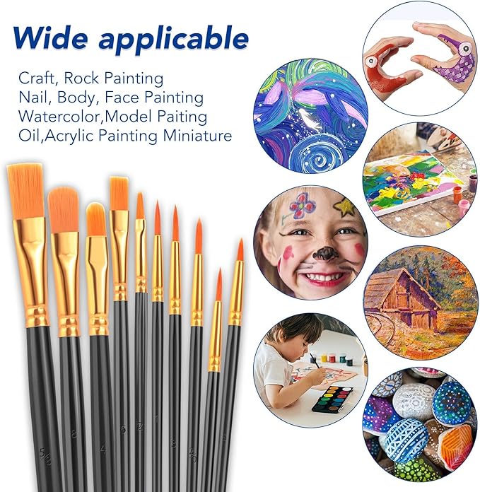 ESRICH Acrylic Paint Brushes Set, 16Packs/160Pcs, Nylon Brush Head, Suitable for Acrylic,Oil,Watercolor,Rock Body Face Nail Art,Perfect Suit of Art Painting,Best Gift for Kids Adult Drawing(Black)
