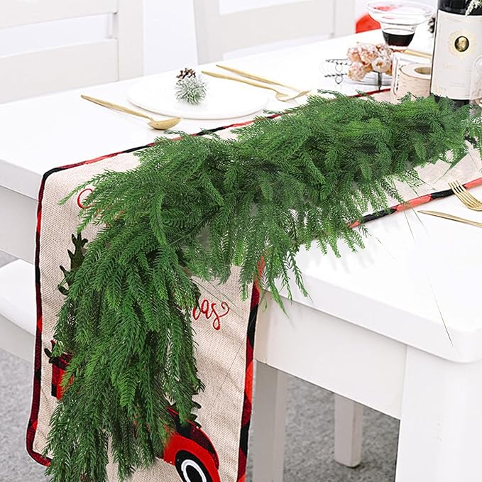 2 Pcs 6 Ft Artificial Norfolk Pine Christmas Garlands for Holiday Indoor Outdoor Decor，Real Touch Pine Garlands，Artificial Greenery Garland for Home Dining Table，Mantel，Wall Porch Christmas Decor. ﻿