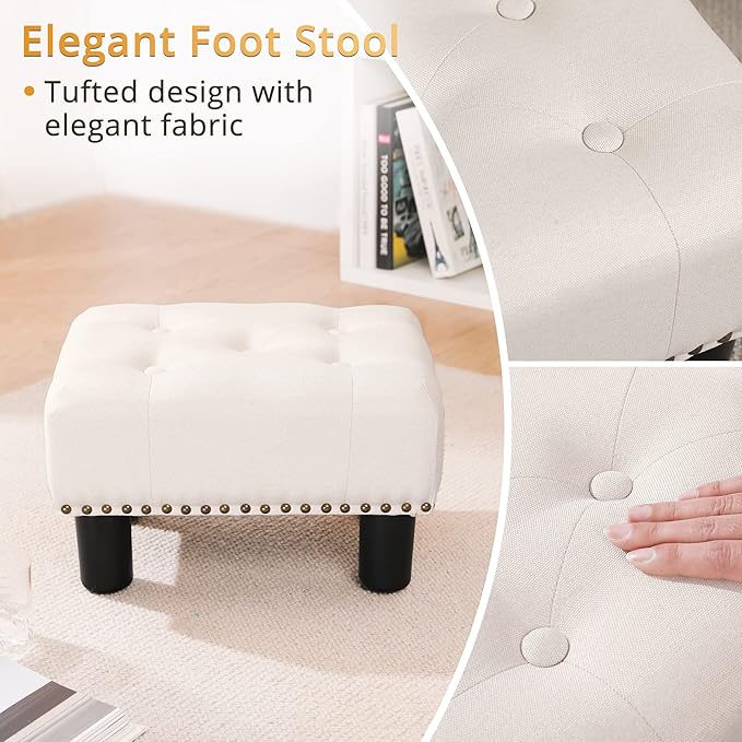 LUE BONA Small Tufted Foot Stool, Beige Rivet Fabric Ottoman with Plastic Legs, 9''H, Rectangle Footstool for Adult with Non-Slip Pads, Sofa Foot Rest for Living Room, Couch
