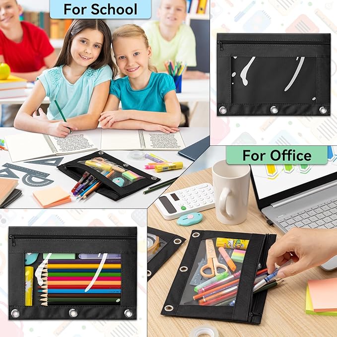 V-Opitos Pencil Pouch for 3 Ring Binder, 2 Pack 3-Holes Zipper Pencil Pouches, Sturdy and Durable Cloth Pencil Case with Clear Window for Office School College Supplies