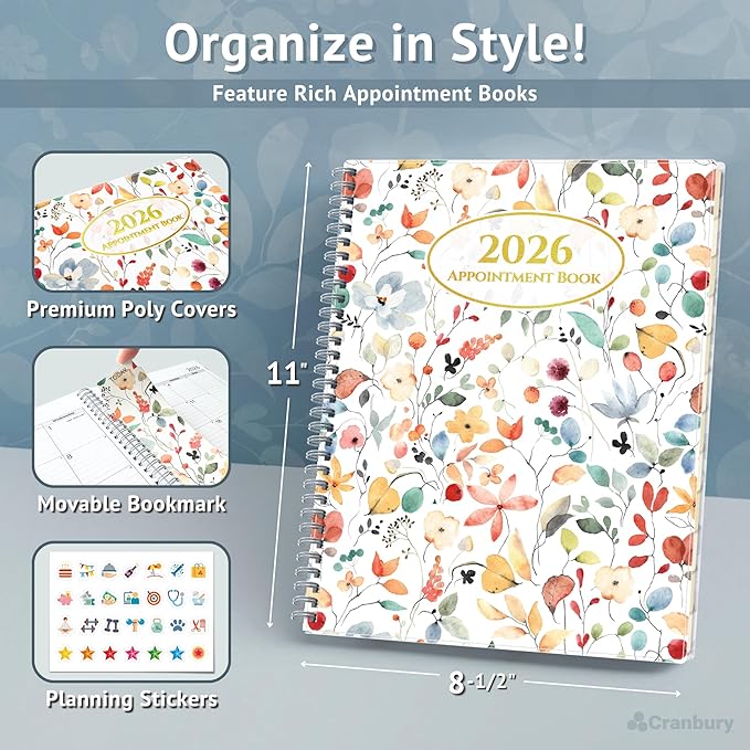 CRANBURY Daily Planner 2026, 8.5x11 Appointment Book, Jan to Dec 2026, 15-Min Hourly Scheduler, Large Planner Book with Colorful Tabs, Premium Paper (Floral)
