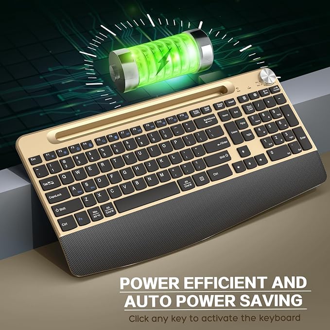 JOYACCESS Ergonomic Wireless Keyboard with Wrist Rest, Phone/Tablet Holder,Windows & Mac OS, 2.4 GHz Wireless, Full-Size,Quiet Keyboard Compatible for Laptop,PC, Mac, Windows -Black Glod