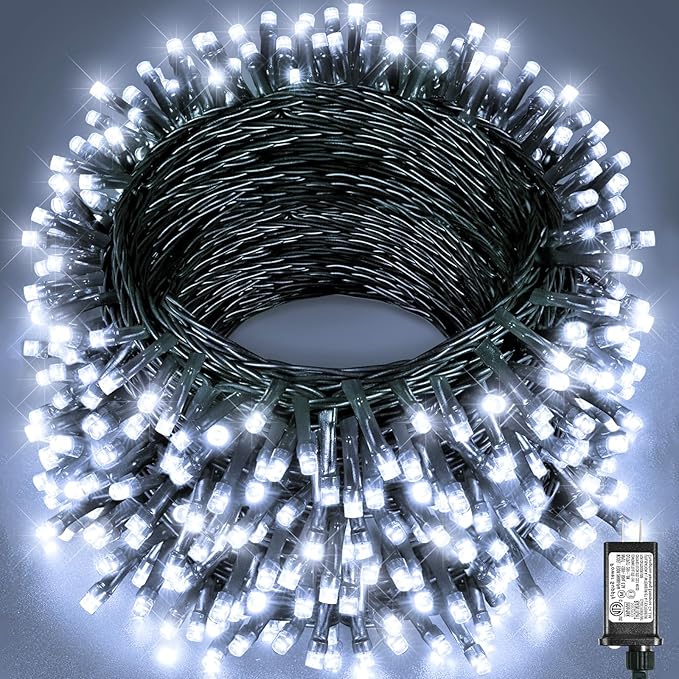 197FT 600 LED Christmas Lights Outdoor, Plug in Christmas Tree Lights 8 Modes, Waterproof Green Wire String Twinkle Lights for Indoor House Patio Yard Party Wedding Holiday Decorations, White