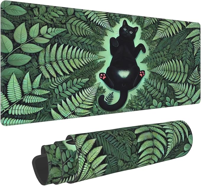 Green Plant Cat Desk Mat Large Gaming Mouse Pad Green Plant Cat Extended Mousepad Big in Laptop Computer Mouse Keyboard Mat for Office Desk Decor 31.5x12 in