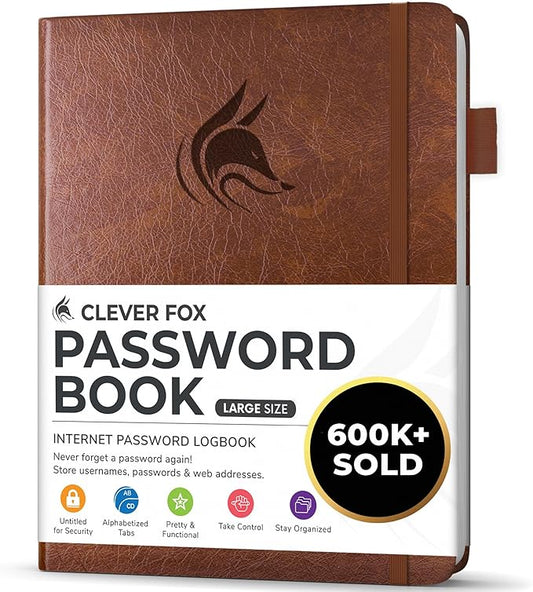 Clever Fox Password Book with alphabetical tabs. Internet Address Organizer Logbook. Large Password Keeper for Website Logins (Brown)