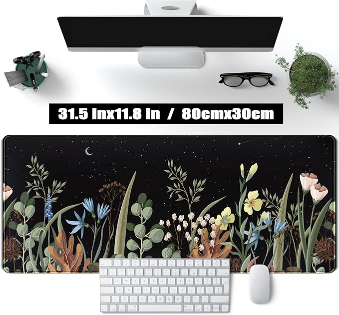 Cute Gaming Black Wild Flowers Desk Mat Mouse Pad Star Moon Floral Mousepad Large, XL Big Computer Keyboard and Mouse Mat Desk Pad Mat with Stitched Edge for Women Office Decor Deskmat 31.5x11.8 in