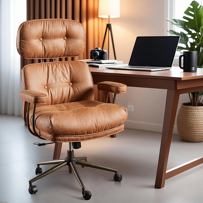 ovios Home Office Chair, Mid-Century Modern Faux PU Leather Chairs with Lumbar Support Comfy Thick Cushion, High Back Ergonomic Swivel Rolling Executive Armchair (Brown, Suede Leather)