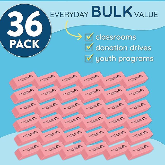 Blue Summit Supplies Pink Erasers, Bulk Erasers for Art, School, and Office Use, Classroom Set, 36 Pack