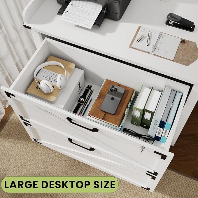 2 Drawer File Cabinet with Lock, Modern Farmhouse Filing Cabinet for Legal/Letter/A4 Size Hanging Files, Large Wood File Cabinets for Home Office