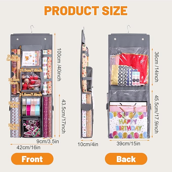 Hanging Gift Wrapping Paper Storage, 40x16 inch Double-Sided Gift Wrap Organizer Christmas Wrapper Paper Container, Heavy Duty Oxford Bag Gift Holder