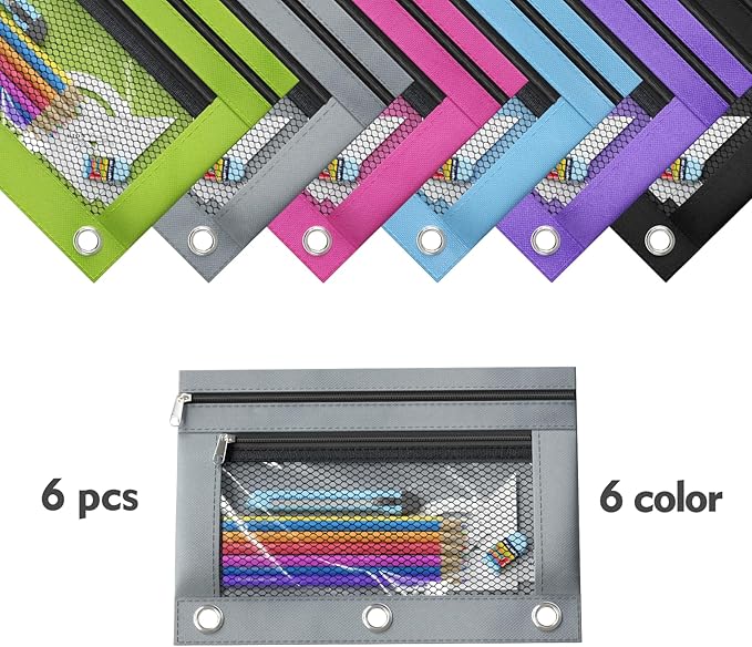 DoDoMagxanadu Binder Pencil Pouches, Pencil Pouch for 3 Ring Binder, Double Pocket Clear Window Pencil Case for Binder, Zippered Pencil Pouches with Rivet Enforced 3 Ring, 12 Pack