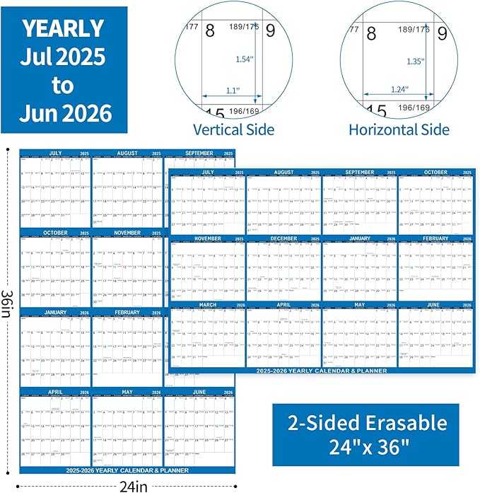 2025-2026 Wall Calendar 24" x 36" Dry Erase Calendar for Wall from July 2025 to June 2026 12 Month Annual Large Yearly Wall Planner for Office School(Blue)