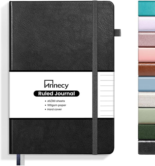 Annecy Lined Journal Notebook, Hardcover Leather Journal for Women & Men, 160 Numbered Pages, Medium 5.5" x 8.25", 100 GSM Thick Paper, Black