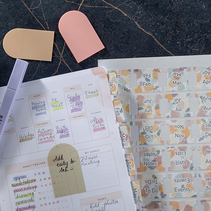 DIVERSEBEE Laminated Planner Monthly Tabs, 24 Peel and Stick Tabs for Notebooks (12 Month Tabs and 4 Blank Tabs), Calendar Monthly Tab Stickers for Planners, Monthly Dividers (Mist) DB117