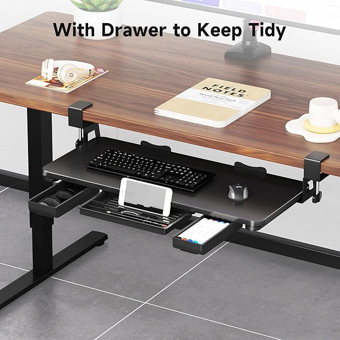 Keyboard Tray Under Desk with Storage Drawer Large C-Clamp 26.7”(31” Including Clamps) x 11.8” Slide-Out Platform Computer Drawer Pull Out Keyboard & Mouse Tray DSF7CT