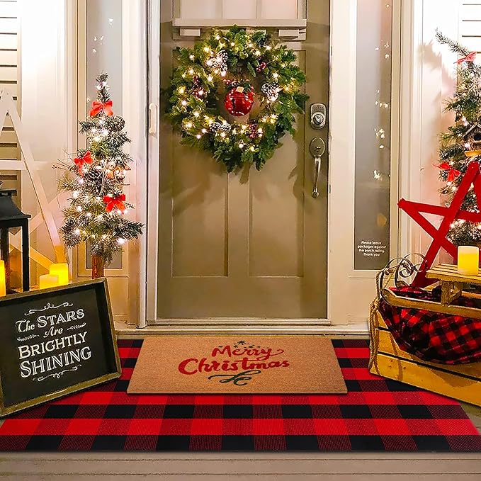 Christmas Red and Black Plaid Rug, 3' x 5' Cotton Hand-Woven Layered Door Mat for Front Porch, Entryway, Outdoor Holiday Decor, Washable Buffalo Check Rug for Home, Patio, Kitchen