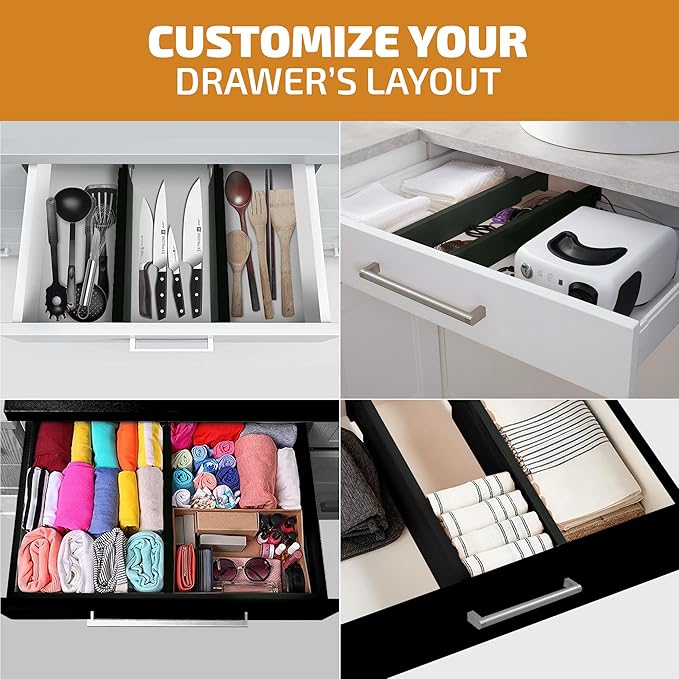 Large Kitchen Drawer Organizer - Expandable Bamboo Drawer Dividers (17" - 21.5") - Adjustable Separators for Kitchen, Clothes, Dresser, Bedroom, Bathroom, and Desk Drawers - 6-Pack (Black)