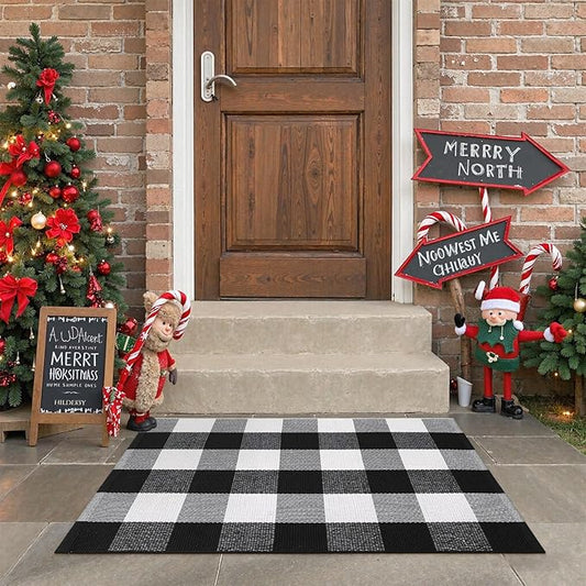 KIMODE Front Door Mat Buffalo Plaid Outdoor Rug 24"x35" Black and White Checkered Rug Farmhouse Front Porch Rug Decor Cotton Woven Washable Layered Doormats for Front Door Outdoor Entrance