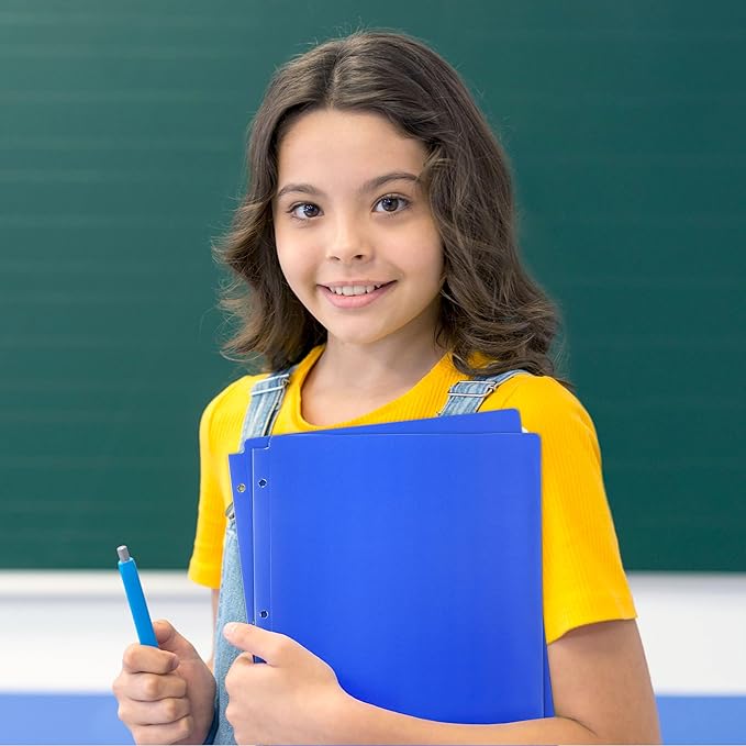 Dunwell Plastic 2-Pocket Folders for 3-Ring Binders, (3 Pack, Blue) 3 Hole Punched, Divider Folder for Notebooks, Durable Poly, Fits 8.5x11 Sheets, Includes Labels