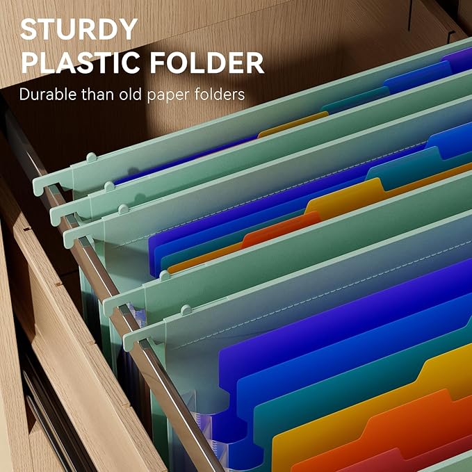 ThinkTex Plastic Expanding Hanging File Folders, 7 Innovative 1.2" Accordion Pockets, Large Capacity, Multi-Color Tabs, Letter Size for Filing Cabinet - Green