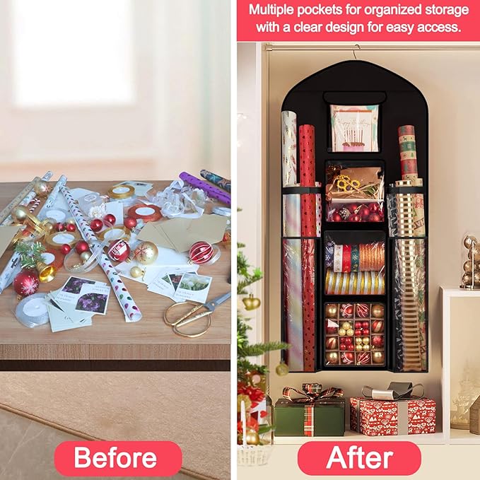 Hanging Gift Wrapping Paper Storage, 48x24 (Extra Large) Black Double-Sided Christmas Wrapper Bag Container, Oxford Long Craft Roll Organizer, Present Wrap Holder for Closet, Door