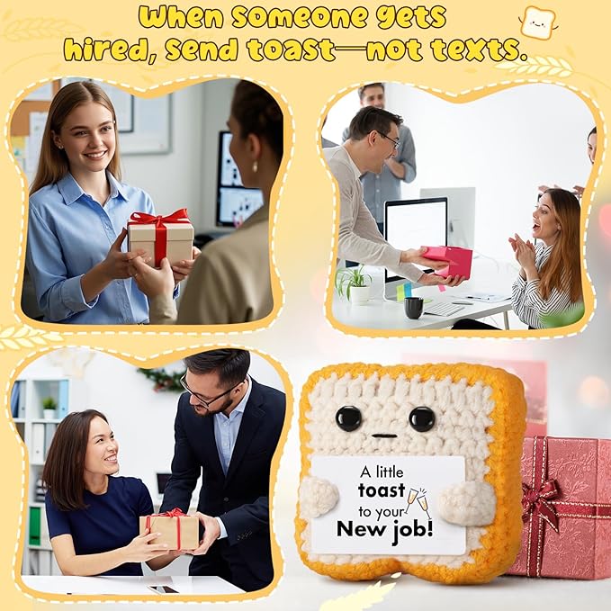 Crochet Toast New Job Gifts for Women, Men – Handmade Congratulations Gifts for Coworker, Friend, Son, Daughter, Employee, Boss – Funny Promotion, Career Change or, Leaving Workor Present Decor