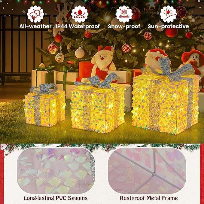 Tangkula Set of 3 Christmas Lighted Gift Boxes, Pre-lit 90 LED Light Up Present Box Decorations with Bows and Plug, Indoor Outdoor Xmas Boxes for Christmas Tree, Holiday Party Decorations