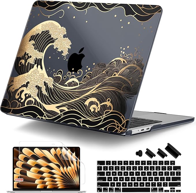 DONGKE Compatible with M4 MacBook Air 15 inch Case 2025 2024 2023 A3241 A3114 A2941 M3 M2 Liquid Retina Display Touch ID, Plastic Hard Case & Keyboard Skin & Screen Protector - Sea Waves