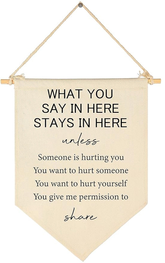 Confidentiality Banner Decor-Counseling Office Wall Sign Decor-Social Worker School Psychologist Signs - Counselor Door Flag Decoration-Therapist Banner Wall Art-What You Say In Here Stays In Here