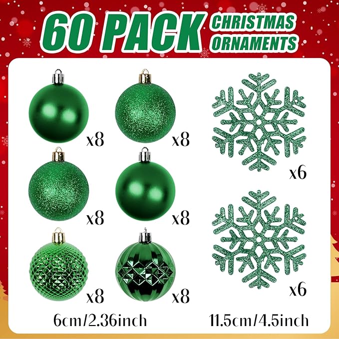 Christmas Tree Decorations Ornament Set, 60ct 2.36 Inches Green Shatterproof Christmas Ball Ornaments, Hanging Ball for Xmas Holiday Wedding Party Decor