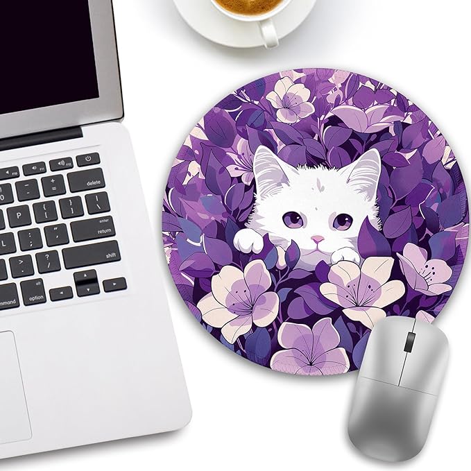 White Cat Purple Floral Mouse Pad, Small Round Mouse Pads for Desk, Kawaii Cute Mini Travel Mousepad for Wireless Computer Laptop, Office Desk Accessories, 8.6 x 8.6 inch
