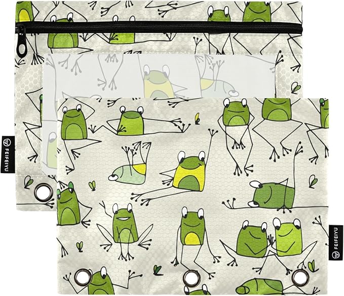 ZAZYXTJ Frog Binder Pencil Pouchs 3 Ring with Zipper Clear Window Office Organizers bag for School Students Teacher Supplies 2 Pack