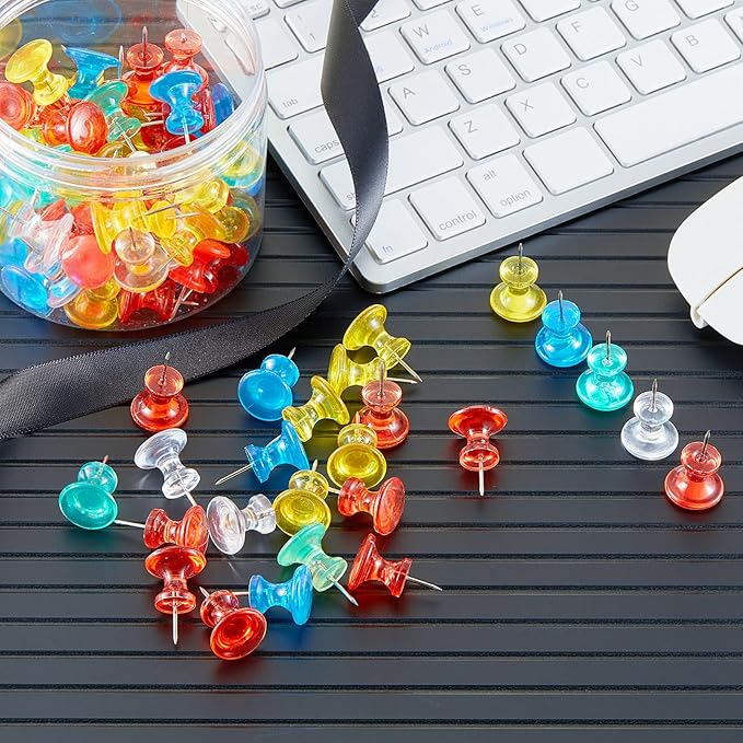 Outus 100 Pcs Giant Push Pins Large Thumb Tacks Plastic Heads 1 Inch Jumbo Push Pins for Cork Board Map Posters Office School(Red, Yellow, Blue, Green, Transparent)