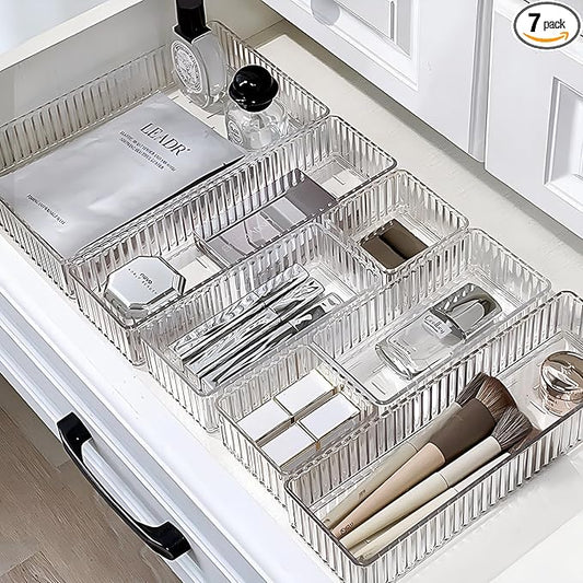 HOTOOLME 7PCS Clear Drawer Organizers Bins, 4 Size Stackable Makeup Drawer Organizer, Desk Plastic Drawer Storage Trays, Bathroom Drawer Storage for Cosmetics, Office Supply, Kitchen Utensils