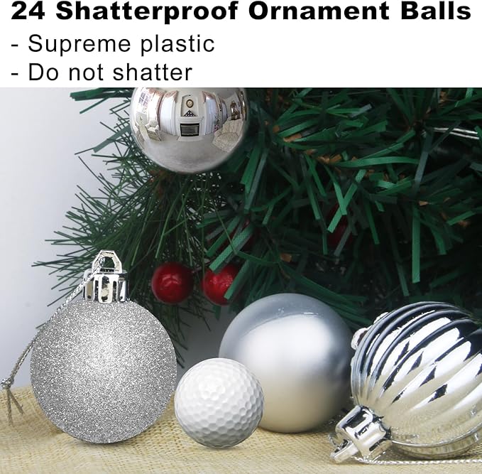 Silver 2.5" Christmas Balls Christmas Tree Decoration Ornaments Shatterproof Hanging Balls for Birthday Halloween Holiday Wedding Decorations Set of 24pcs