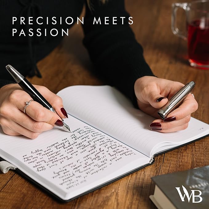 Wordsworth & Black Majesti Fountain Pen-(Black Chrome), Luxury Case, Stainless Steel; Medium Nib- Ink Cartridges, Refillable Ink Converter-Calligraphy Pen-Best Business Gift Set for Men & Women