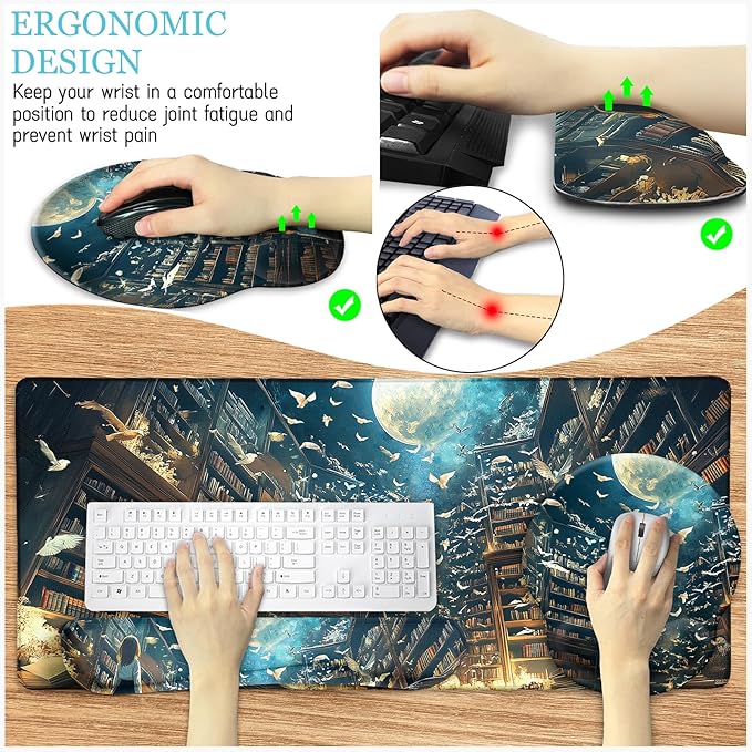 Anime Book Mouse Pad Set Large Desk Matt for Desktop, Ergonomic Mouse Pad with Wrist Rest, Gaming Mousepad Wrist Support Keyboard Mat Cup Coaster Set Cute Desk Accessories for Women Girl