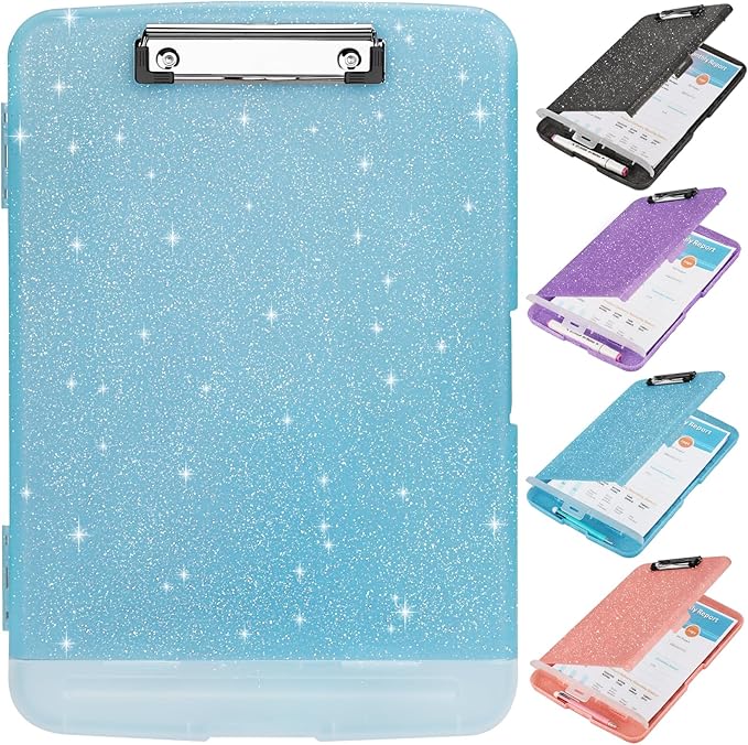 Glitter Clipboard with Storage,Storage Clipboard with Pen Holder,A4 Binder Clip Boards 8.5x11 with Low Profile Clip,Side Opening Sparkle Clipboards, Clipboards Folder for Office Supplies-Aqua Blue