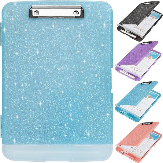 Glitter Clipboard with Storage,Storage Clipboard with Pen Holder,A4 Binder Clip Boards 8.5x11 with Low Profile Clip,Side Opening Sparkle Clipboards, Clipboards Folder for Office Supplies-Aqua Blue