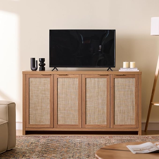 Walsham 61'' Buffet Cabinet with Storage, Adjustable Shelf Sideboard Rattan Entryway Console Cabinet with Doors Modern Credenza Coffee Bar Station for Kichen Living Room Holds 410lb Weathered Oak