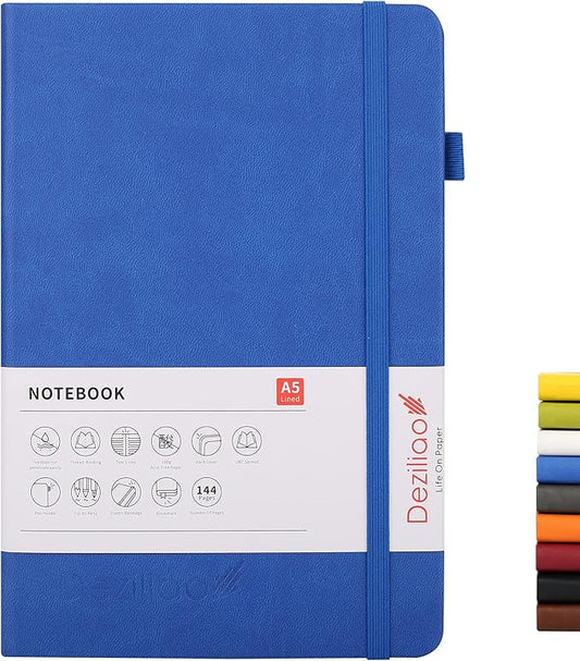 Deziliao Lined Journal Notebooks with Pen Loop, Hardcover Notebook Journal for Work, 100Gsm Premium Thick Paper with Inner Pocket, Medium 5.7"x8.4", （Blue, Ruled）