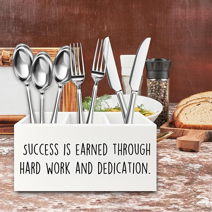 Motivational Gifts Pen Pencil Holder Organizer for Desk, Success Is Earned Through Hard Work and Dedication Inspirational Wooden Box Signs Decorations for Home Office Desk Tabletop