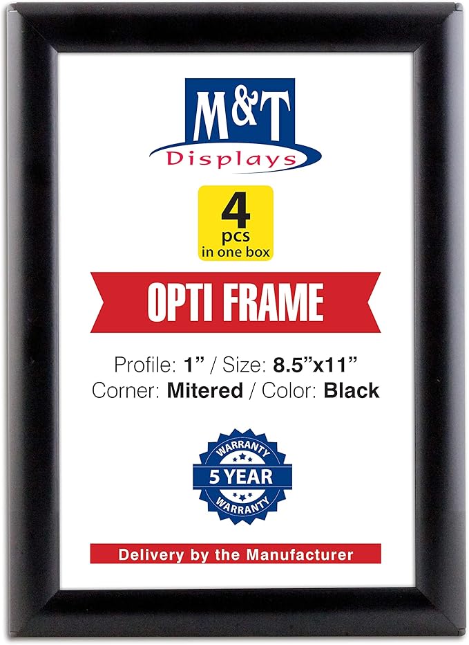 M&T Displays Opti Snap Poster Frame 8.5x11 Inch Black 1" Aluminum Profile Front Loading Wall Mounting Photo Picture Document Certificate Sign Holder Mitered Corner Anti Glare Cover (4 pack)